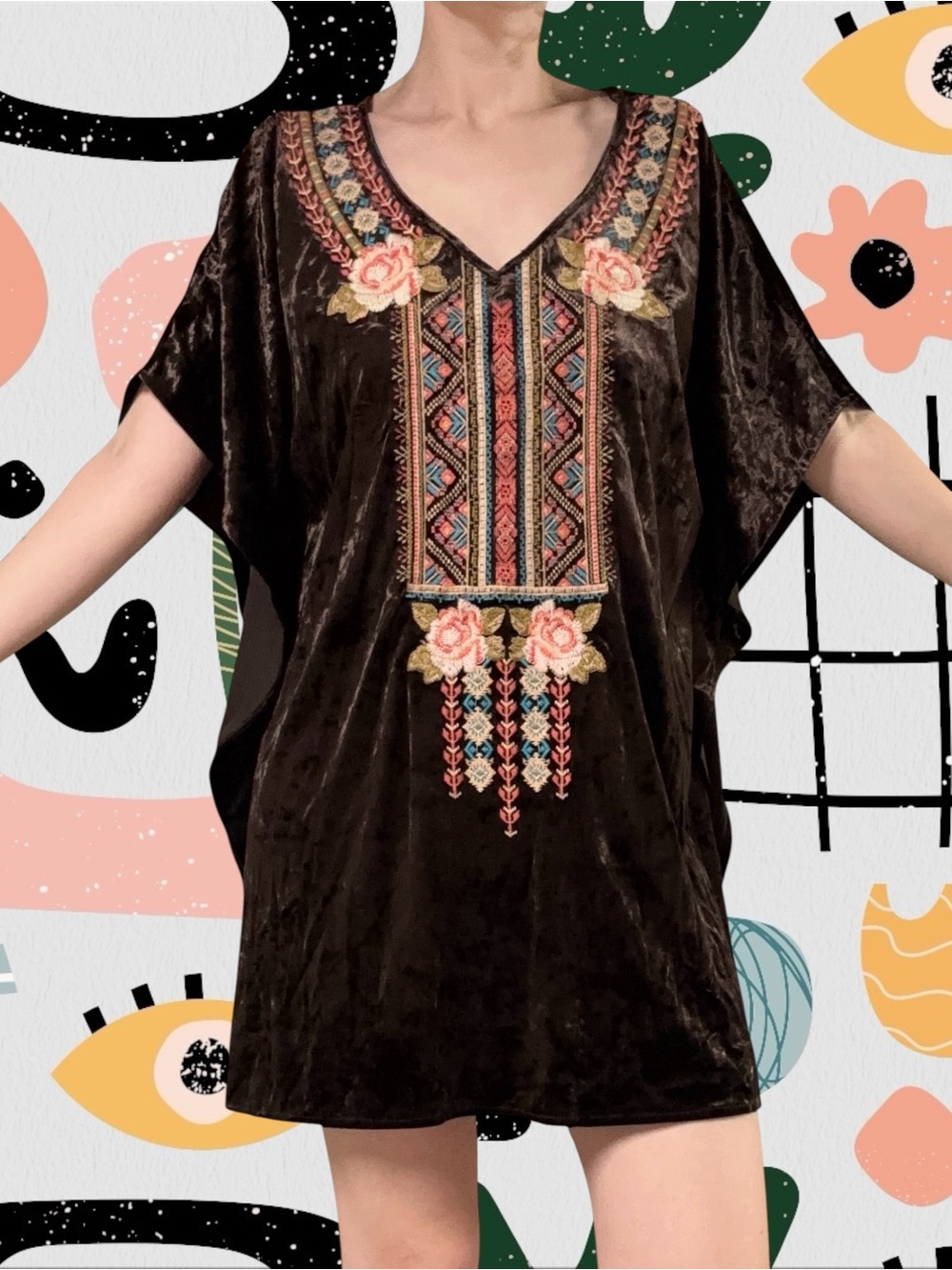Andree by UNIT | Brown Velvet Floral Boho Embroidered Tunic Poncho
